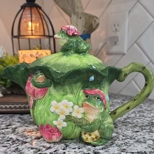 Hand-Painted Green Ceramic Frog Teapot with Pink Accents